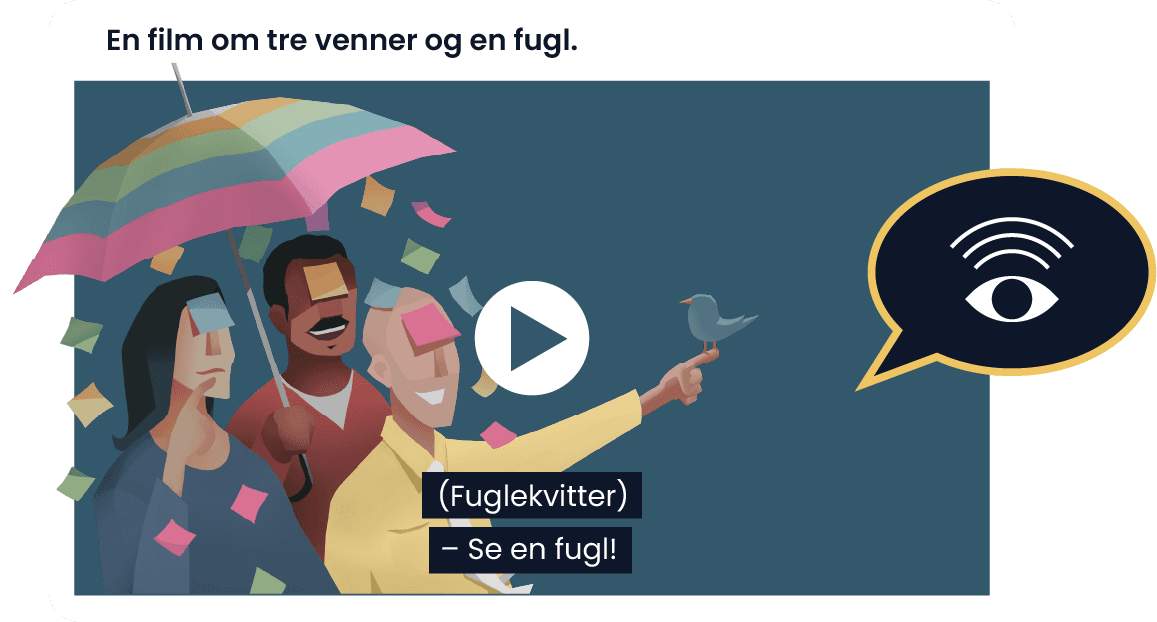 Filmavspiller med filmbeskrivelse, undertekster og synstolkning, illustrasjon.